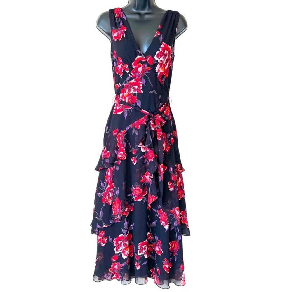 WHBM Flirty Floral Rose Print Ruffled Sleeveless V-Neck Midi Dress